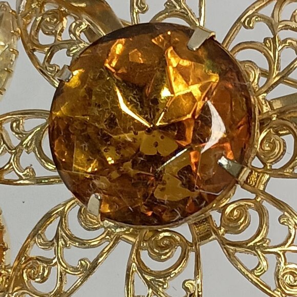 1950's Rhinestone Topaz and Gold Plated Brass Filagree Pin - Picture 2 of 4